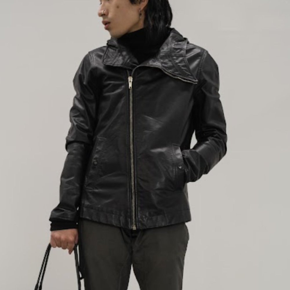 Rick Owens Hooded Black Leather Jacket